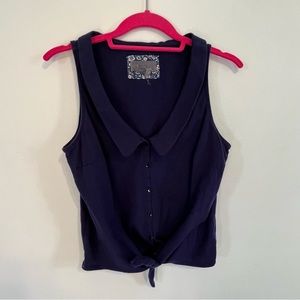 Anthropologie v neck sleeveless top S navy collar buttons tie front summer cute
